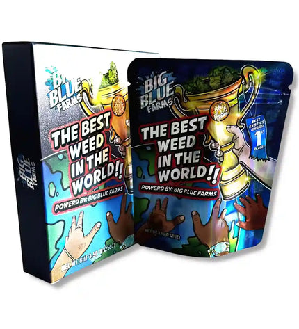 Large mylar bags, herb Mylar Bags, Mylar bag with box, Where to buy mylar bags, Custom mylar bags near me. Big Blue Farms packaging with a trophy and text 'The Best Weed in the World' on a white background