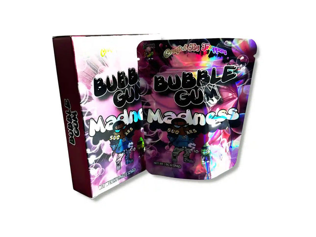 Large mylar bags, herb Mylar Bags, Mylar bag with box, Where to buy mylar bags, Custom mylar bags near me. Packaging of 'Bubble Gum Madness' with colorful design and text.