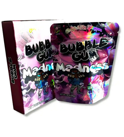 Large mylar bags, herb Mylar Bags, Mylar bag with box, Where to buy mylar bags, Custom mylar bags near me. Packaging of 'Bubble Gum Madness' with colorful design and text.