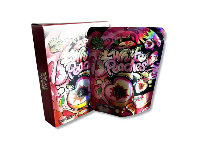 Large mylar bags, herb Mylar Bags, Mylar bag with box, Where to buy mylar bags, Custom mylar bags near me. Colorful packaging of 'White Peaches' with floral designs on a white background