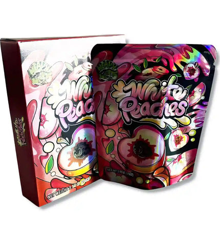 Large mylar bags, herb Mylar Bags, Mylar bag with box, Where to buy mylar bags, Custom mylar bags near me. Colorful packaging of 'White Peaches' with floral designs on a white background