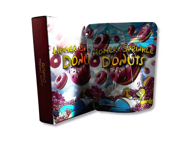 Large mylar bags, herb Mylar Bags, Mylar bag with box, Where to buy mylar bags, Custom mylar bags near me. Homer Sprinkle Donuts packaging with colorful design on a white background