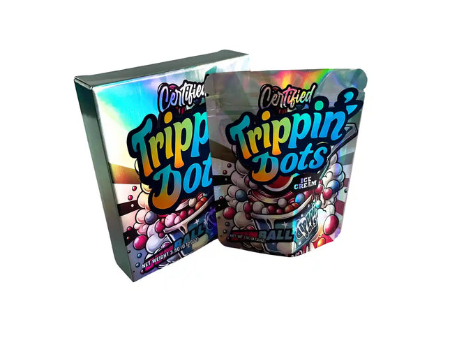 Two Mylar Bag packages of 'Certified Trippin Dots' ice cream with colorful designs on a white background.