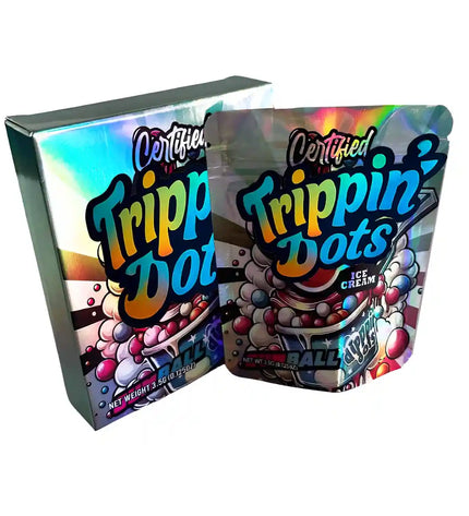 Two Mylar Bag packages of 'Certified Trippin Dots' ice cream with colorful designs on a white background.