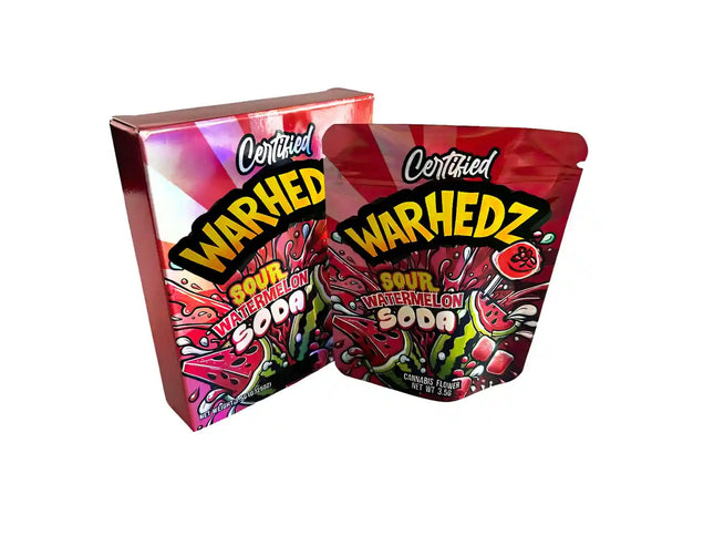 Large mylar bags, herb Mylar Bags, Mylar bag with box, Where to buy mylar bags, Custom mylar bags near me. Warhedz Sour Watermelon Soda packaging on a white background
