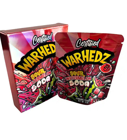 Large mylar bags, herb Mylar Bags, Mylar bag with box, Where to buy mylar bags, Custom mylar bags near me. Warhedz Sour Watermelon Soda packaging on a white background