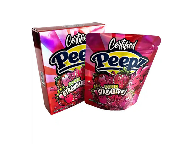 Large mylar bags, herb Mylar Bags, Mylar bag with box, Where to buy mylar bags, Custom mylar bags near me. Certified Peepz Sour Strawberry candy packaging on a white background