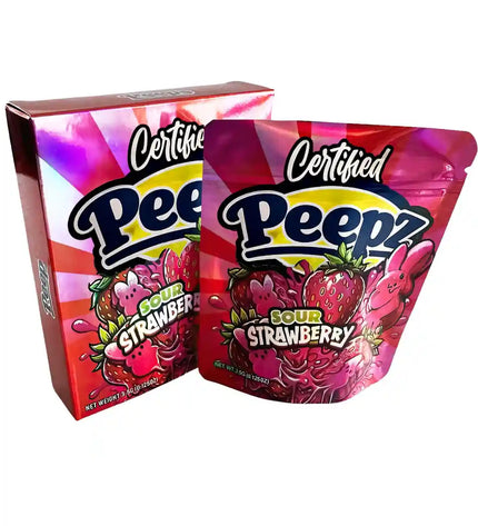 Large mylar bags, herb Mylar Bags, Mylar bag with box, Where to buy mylar bags, Custom mylar bags near me. Certified Peepz Sour Strawberry candy packaging on a white background