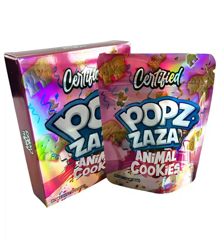 Mylar Bag Certified Popz Zaza Animal Cookies packaging on a white background