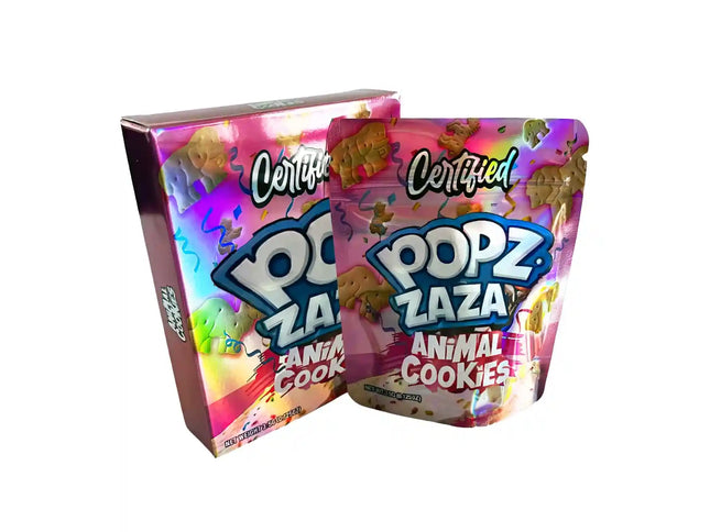 Mylar Bag Certified Popz Zaza Animal Cookies packaging on a white background