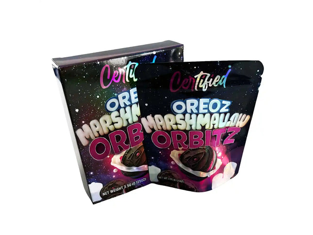 Large mylar bags, herb Mylar Bags, Mylar bag with box, Where to buy mylar bags, Custom mylar bags near me. Two packages of Certified Oreoz Marshmallow Orbitz on a white background