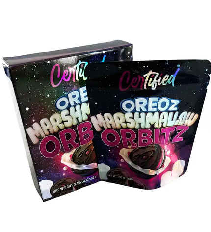 Large mylar bags, herb Mylar Bags, Mylar bag with box, Where to buy mylar bags, Custom mylar bags near me. Two packages of Certified Oreoz Marshmallow Orbitz on a white background