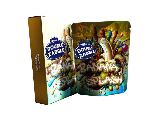 Large mylar bags, herb Mylar Bags, Mylar bag with box, Where to buy mylar bags, Custom mylar bags near me. Double Zabble Banana Splash candy packaging on a white background