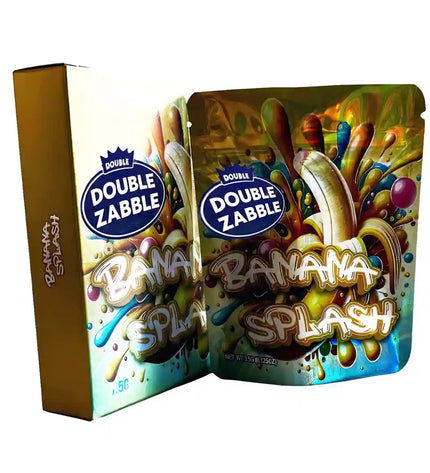 Large mylar bags, herb Mylar Bags, Mylar bag with box, Where to buy mylar bags, Custom mylar bags near me. Double Zabble Banana Splash candy packaging on a white background