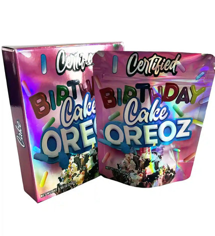 Large mylar bags, herb Mylar Bags, Mylar bag with box, Where to buy mylar bags, Custom mylar bags near me.  Two packages of 'Certified Birthday Cake OREOZ' on a white background