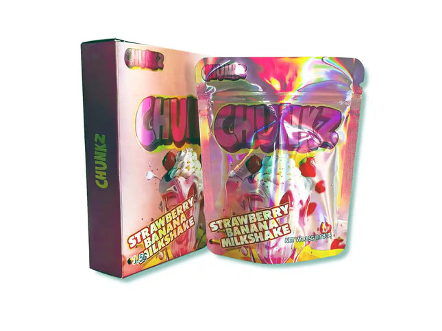 Large mylar bags, herb Mylar Bags, Mylar bag with box, Where to buy mylar bags, Custom mylar bags near me. Colorful packaging of CHUNKZ Strawberry Banana Milkshake flavor on a white background