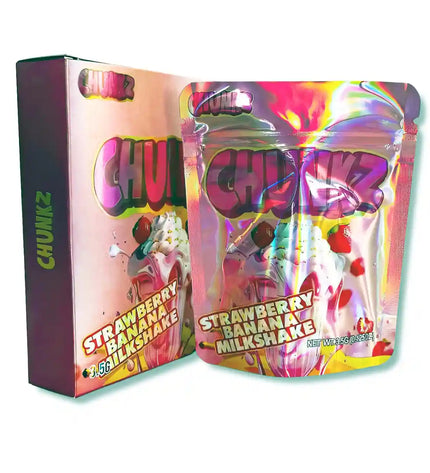 Large mylar bags, herb Mylar Bags, Mylar bag with box, Where to buy mylar bags, Custom mylar bags near me. Colorful packaging of CHUNKZ Strawberry Banana Milkshake flavor on a white background