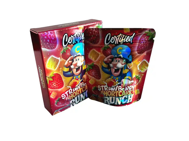 Two Mylar Bag packages of Certified Strawberry Shortcake Runch on a white background
