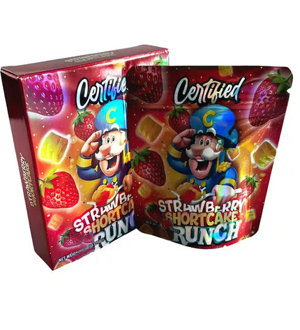 Two Mylar Bag packages of Certified Strawberry Shortcake Runch on a white background