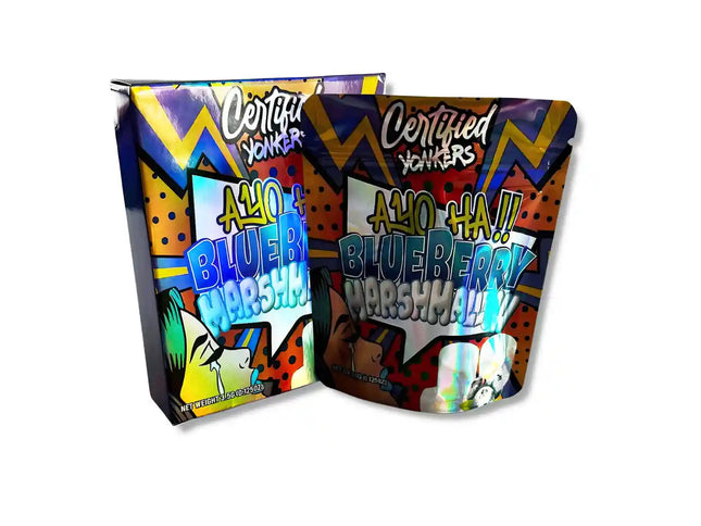 Large mylar bags, herb Mylar Bags, Mylar bag with box, Where to buy mylar bags, Custom mylar bags near me. Two colorful packages of 'Aloha Blueberry Marshmallows' by Certified Yonkers on a white background.