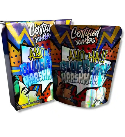 Large mylar bags, herb Mylar Bags, Mylar bag with box, Where to buy mylar bags, Custom mylar bags near me. Two colorful packages of 'Aloha Blueberry Marshmallows' by Certified Yonkers on a white background.