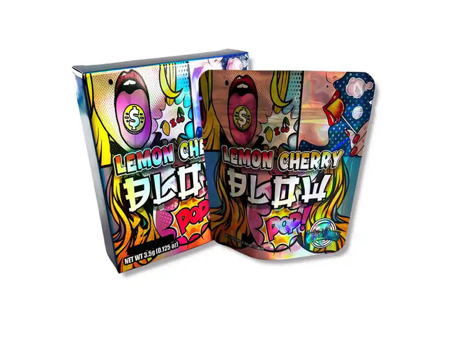 Large mylar bags, herb Mylar Bags, Mylar bag with box, Where to buy mylar bags, Custom mylar bags near me. Colorful packaging of Lemon Cherry Pop with vibrant designs on a white background