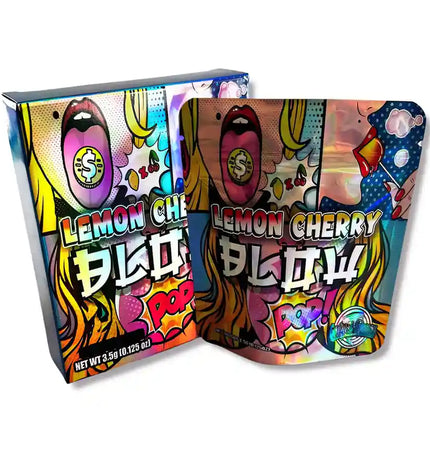 Large mylar bags, herb Mylar Bags, Mylar bag with box, Where to buy mylar bags, Custom mylar bags near me. Colorful packaging of Lemon Cherry Pop with vibrant designs on a white background