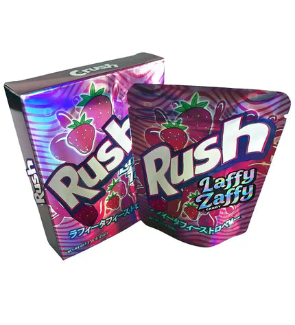 Two Mylar Bags packages of Rush Laffy Zaffy candy with colorful designs and strawberry graphics on a white background.