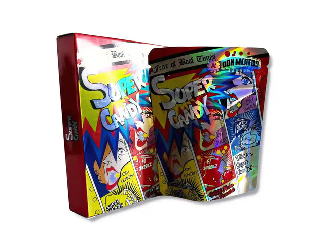 Large mylar bags, herb Mylar Bags, Mylar bag with box, Where to buy mylar bags, Custom mylar bags near me. Colorful packaging of Super Candy with vibrant graphics on a white background