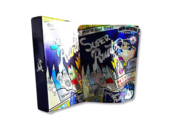 Large mylar bags, herb Mylar Bags, Mylar bag with box, Where to buy mylar bags, Custom mylar bags near me. Super Runtz herb packaging with colorful graphics on a white background