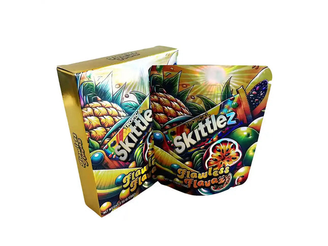 Large mylar bags, herb Mylar Bags, Mylar bag with box, Where to buy mylar bags, Custom mylar bags near me. Colorful Skittlez candy packaging with pineapple design on a white background