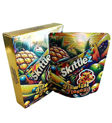 Large mylar bags, herb Mylar Bags, Mylar bag with box, Where to buy mylar bags, Custom mylar bags near me. Colorful Skittlez candy packaging with pineapple design on a white background