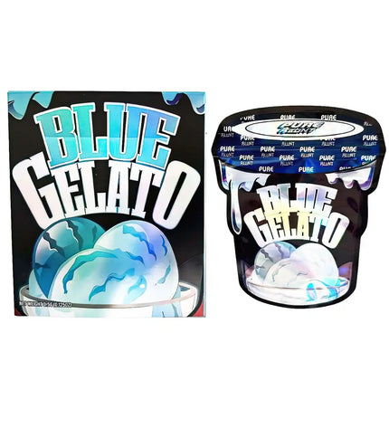 Mylar Bag Blue Gelato packaging with ice cream illustration and 'Pure' branding.