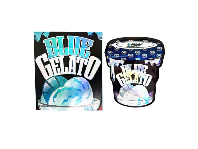 Mylar Bag Blue Gelato packaging with ice cream illustration and 'Pure' branding.