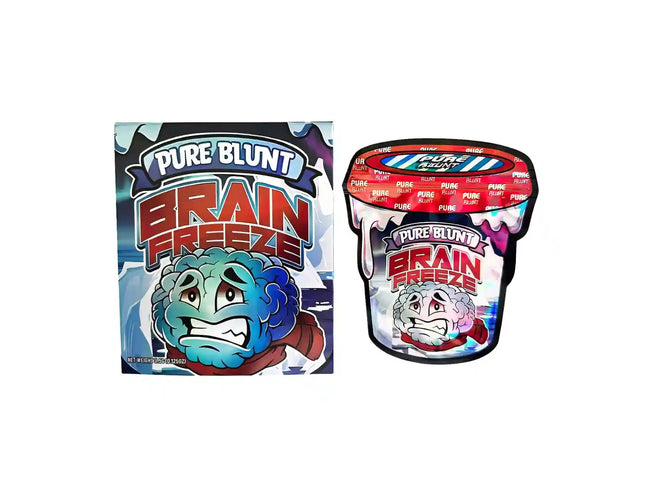 Mylar Bag Two packages of Pure Blunt Brain Freeze candy on a white background