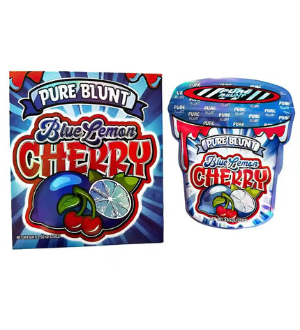 Two Mylar Bag packages of Pure Blunt Blue Lemon Cherry candy on a white background