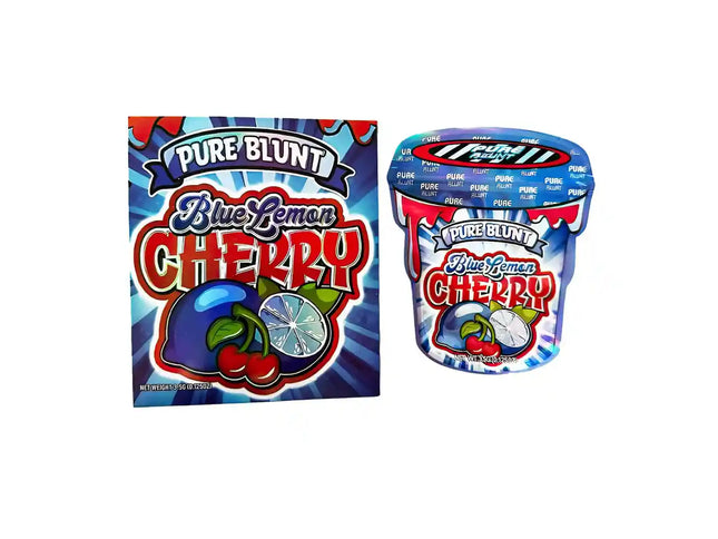 Two Mylar Bag packages of Pure Blunt Blue Lemon Cherry candy on a white background