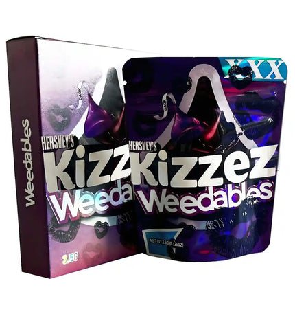 Large mylar bags, herb Mylar Bags, Mylar bag with box, Where to buy mylar bags, Custom mylar bags near me. Kizz Kizziez Weedables packaging with Hershey's branding on a white background