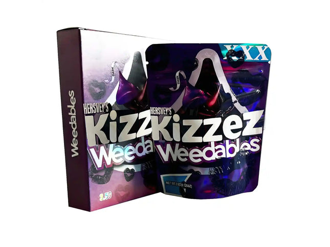 Large mylar bags, herb Mylar Bags, Mylar bag with box, Where to buy mylar bags, Custom mylar bags near me. Kizz Kizziez Weedables packaging with Hershey's branding on a white background
