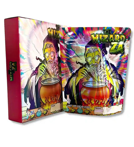 Large mylar bags, herb Mylar Bags, Mylar bag with box, Where to buy mylar bags, Custom mylar bags near me. Colorful packaging with a wizard design and 'The Wizard Za' branding.
