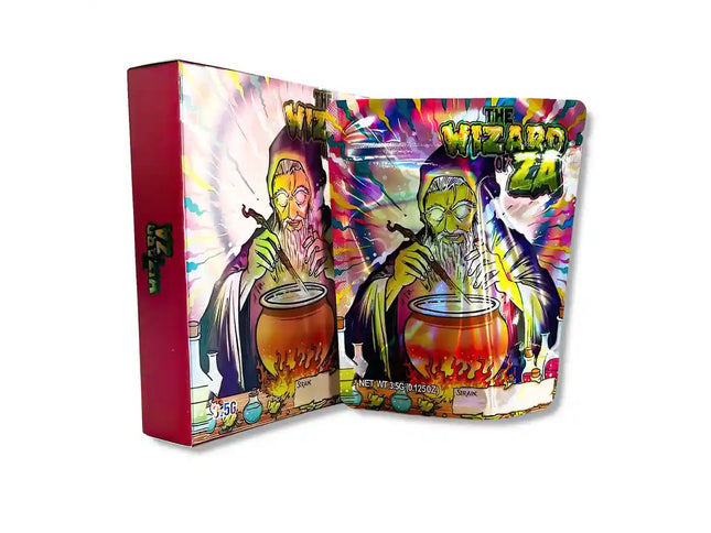 Large mylar bags, herb Mylar Bags, Mylar bag with box, Where to buy mylar bags, Custom mylar bags near me. Colorful packaging with a wizard design and 'The Wizard Za' branding.