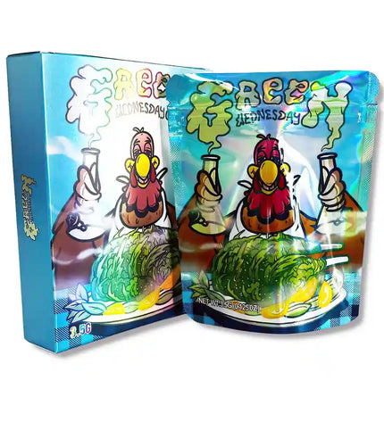 Large mylar bags, herb Mylar Bags, Mylar bag with box, Where to buy mylar bags, Custom mylar bags near me.  Colorful packaging of a product with cartoon characters and text on a white background