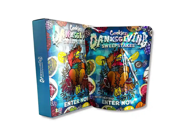 Large mylar bags, herb Mylar Bags, Mylar bag with box, Where to buy mylar bags, Custom mylar bags near me.  Colorful packaging with cartoon rooster design and 'Danksgiving Sweeps' text on a white background