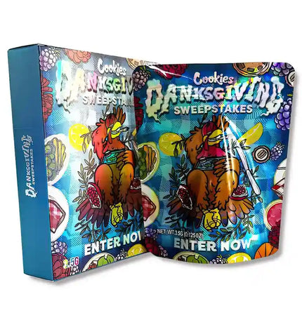 Large mylar bags, herb Mylar Bags, Mylar bag with box, Where to buy mylar bags, Custom mylar bags near me.  Colorful packaging with cartoon rooster design and 'Danksgiving Sweeps' text on a white background