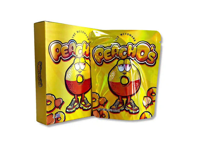 Large mylar bags, herb Mylar Bags, Mylar bag with box, Where to buy mylar bags, Custom mylar bags near me. Peachos candy packaging with cartoon character on a white background