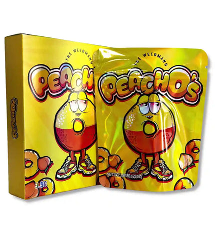 Large mylar bags, herb Mylar Bags, Mylar bag with box, Where to buy mylar bags, Custom mylar bags near me. Peachos candy packaging with cartoon character on a white background