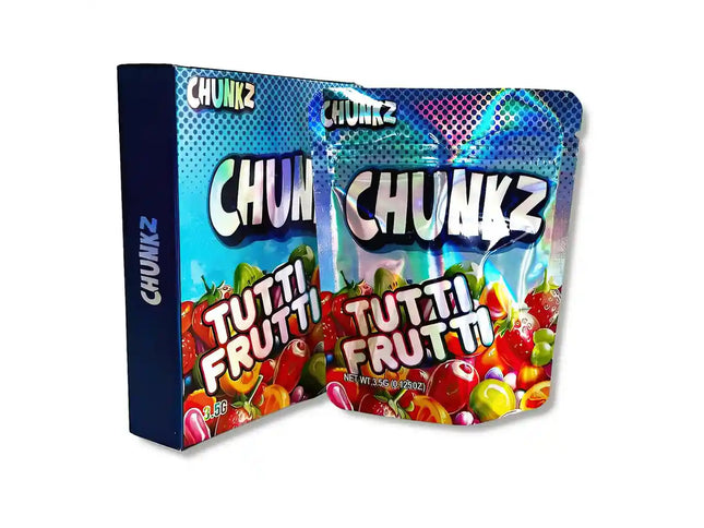 Large mylar bags, herb Mylar Bags, Mylar bag with box, Where to buy mylar bags, Custom mylar bags near me.  Open packaging of Chunkz Tutti Frutti candy with colorful design and fruit illustrations.