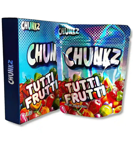 Large mylar bags, herb Mylar Bags, Mylar bag with box, Where to buy mylar bags, Custom mylar bags near me.  Open packaging of Chunkz Tutti Frutti candy with colorful design and fruit illustrations.