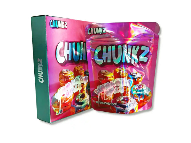 Large mylar bags, herb Mylar Bags, Mylar bag with box, Where to buy mylar bags, Custom mylar bags near me.  Colorful packaging of CHUNKZ candy with a box and a clear bag on a white background.