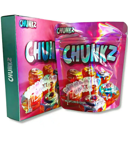 Large mylar bags, herb Mylar Bags, Mylar bag with box, Where to buy mylar bags, Custom mylar bags near me.  Colorful packaging of CHUNKZ candy with a box and a clear bag on a white background.